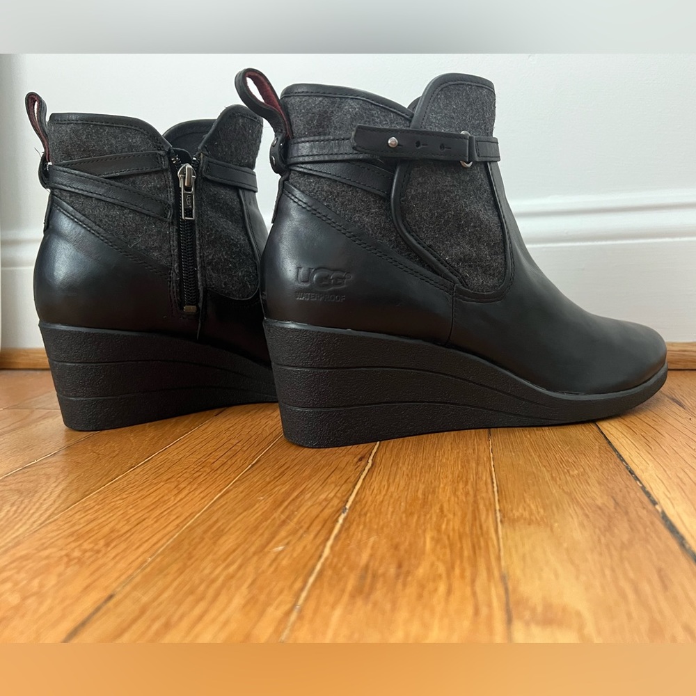 Black wedge UGG Emalie booties, genuine leather, waterproof, women’s size 10